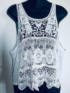 Panhandle Slim Off White Lace Mesh Boho Tank Top